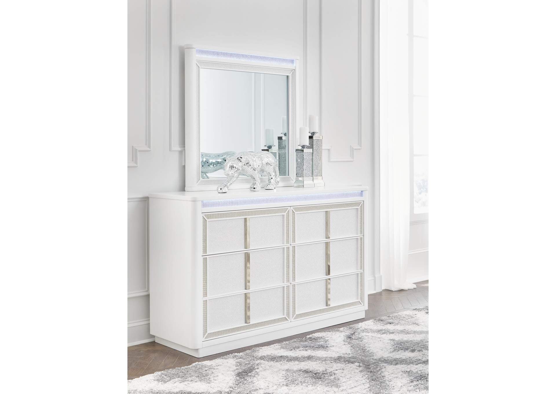 Chalanna California King Upholstered Storage Bed, Dresser, Mirror and Nightstand