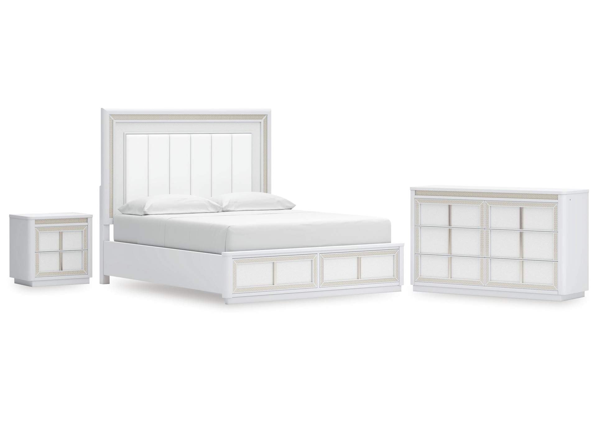 Chalanna California King Upholstered Storage Bed, Dresser and Nightstand