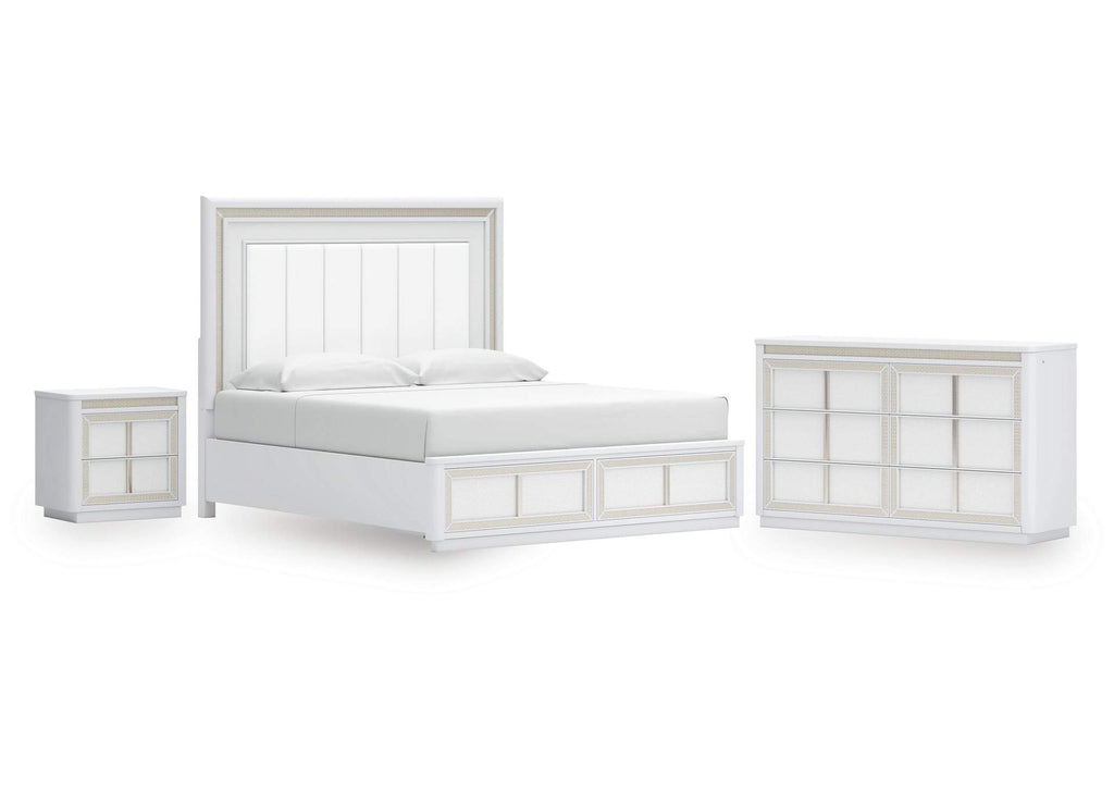 Chalanna King Upholstered Storage Bed, Dresser and Nightstand