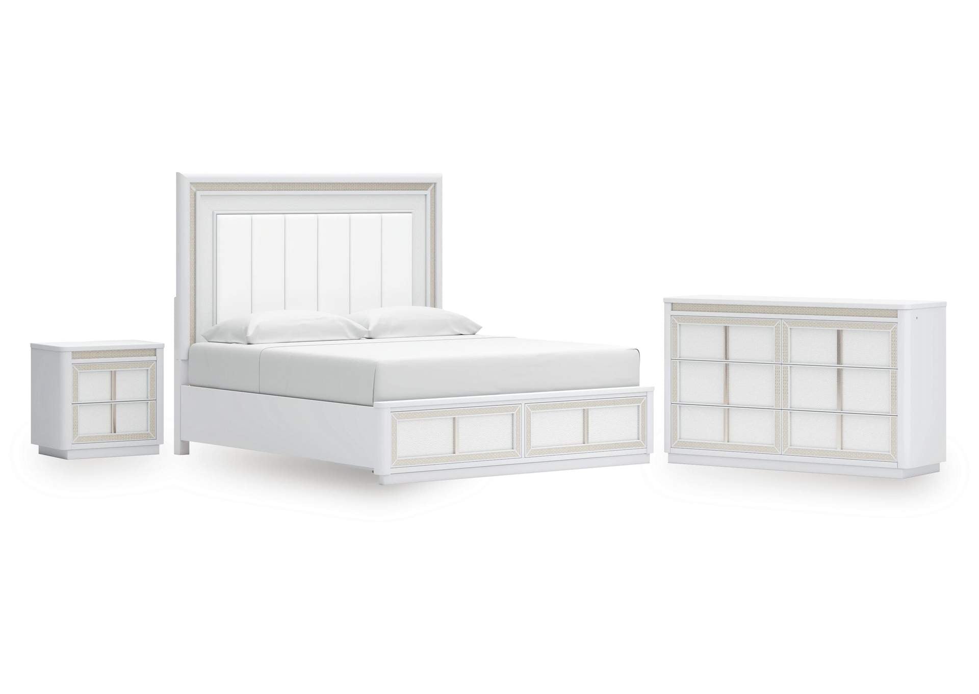 Chalanna King Upholstered Storage Bed, Dresser and Nightstand