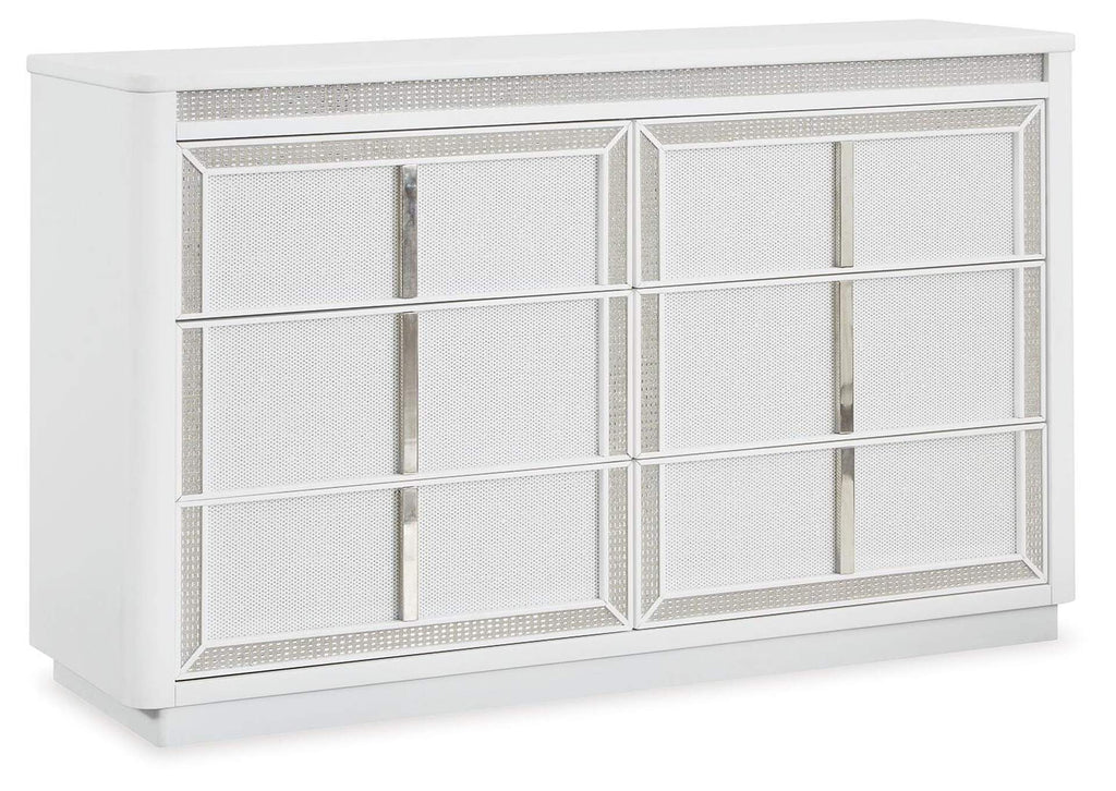 Chalanna California King Upholstered Storage Bed, Dresser and Nightstand angled view