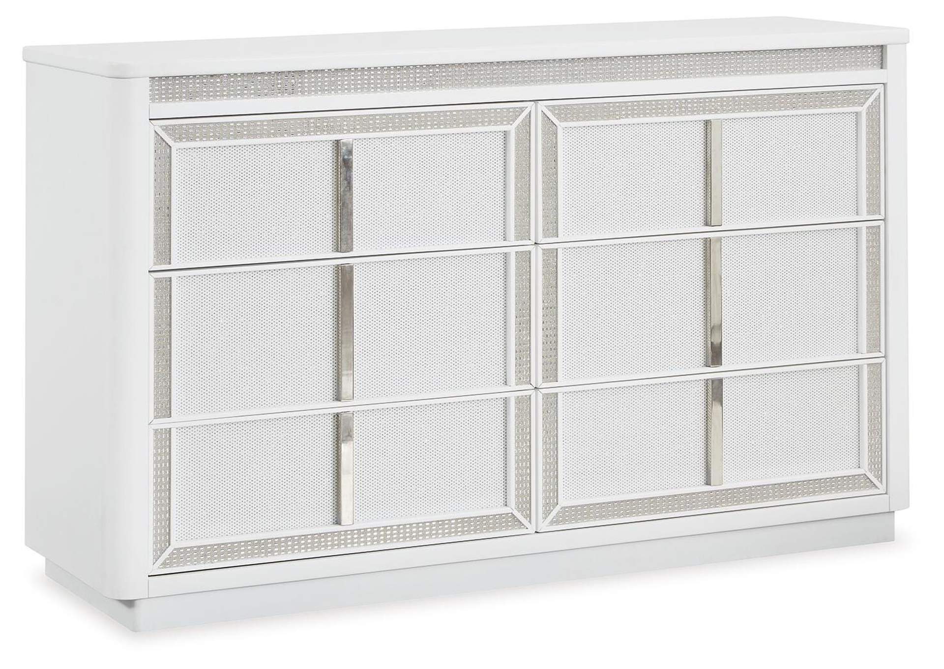 Chalanna California King Upholstered Storage Bed, Dresser and Nightstand angled view