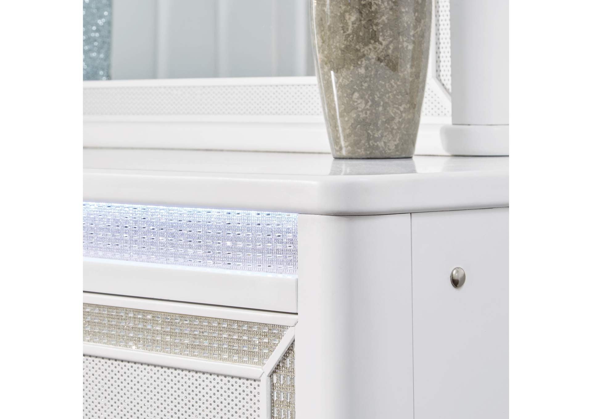 Chalanna Queen Upholstered Storage Bed with Mirrored Dresser detail