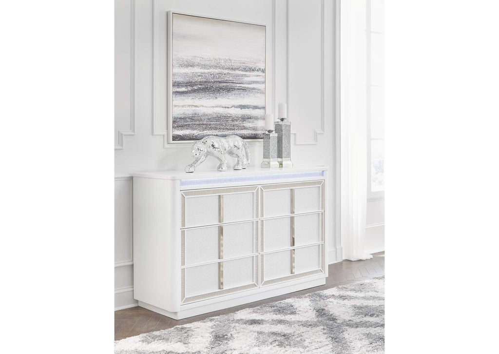 Chalanna California King Upholstered Storage Bed, Dresser and Nightstand