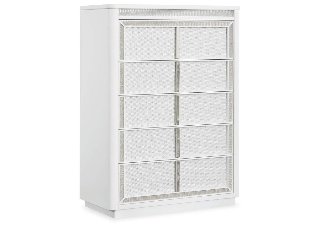 Chalanna California King Upholstered Storage Bed, Dresser, Mirror, Chest and Nightstand angled view