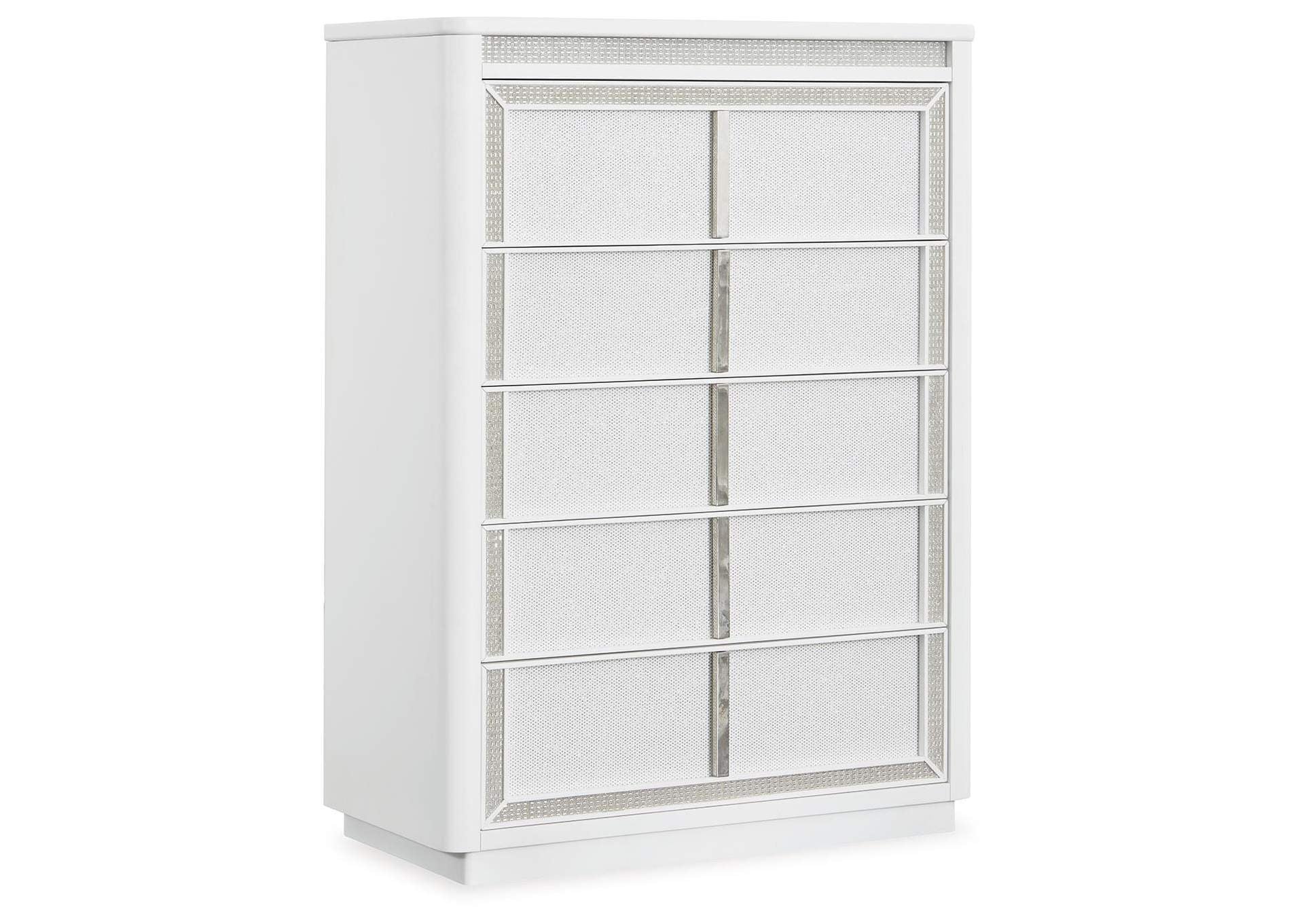 Chalanna California King Upholstered Storage Bed, Dresser, Mirror, Chest and 2 Nightstands angled view