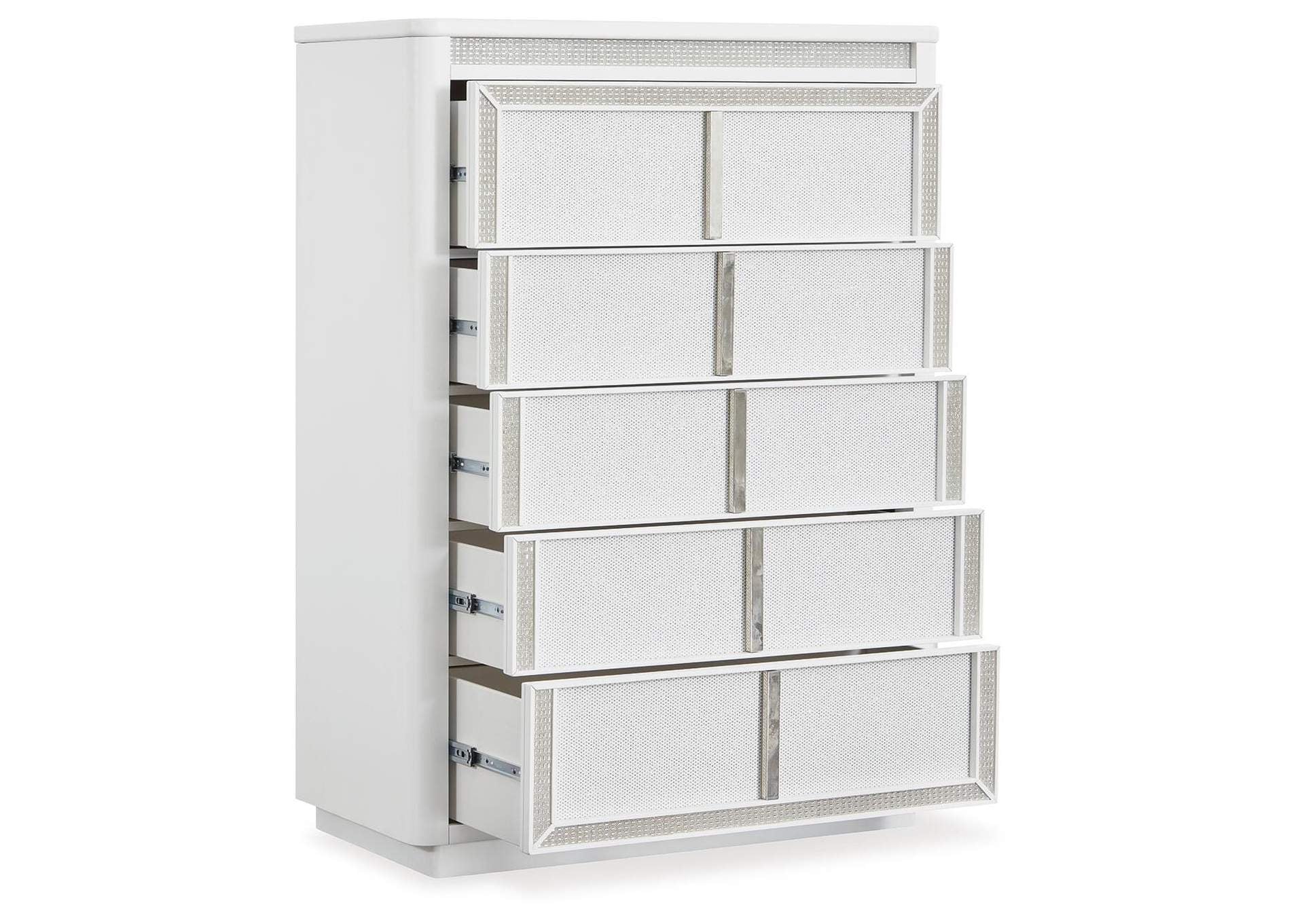 Chalanna California King Upholstered Storage Bed, Dresser, Mirror and Chest angled view