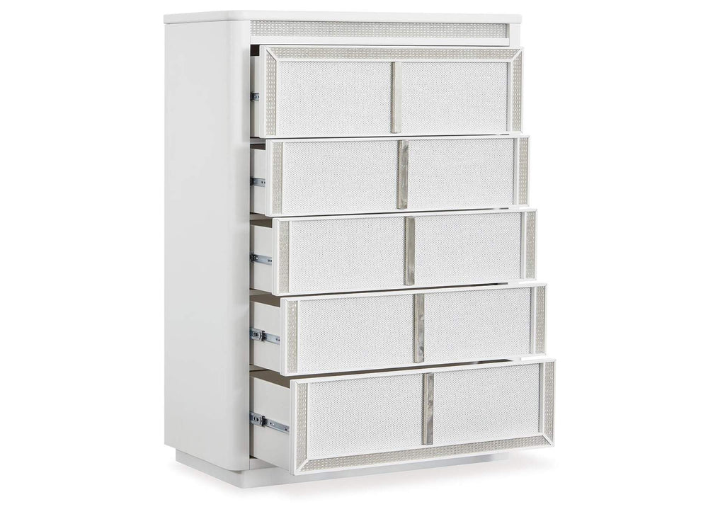 Chalanna California King Upholstered Storage Bed, Dresser, Mirror, Chest and Nightstand angled view