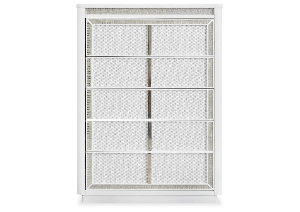 Chalanna California King Upholstered Storage Bed, Dresser, Mirror and Chest