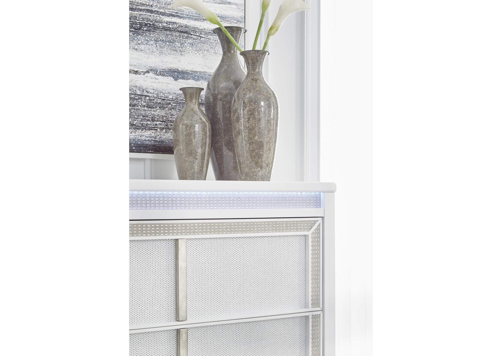 Chalanna California King Upholstered Storage Bed, Dresser, Mirror and Chest detail