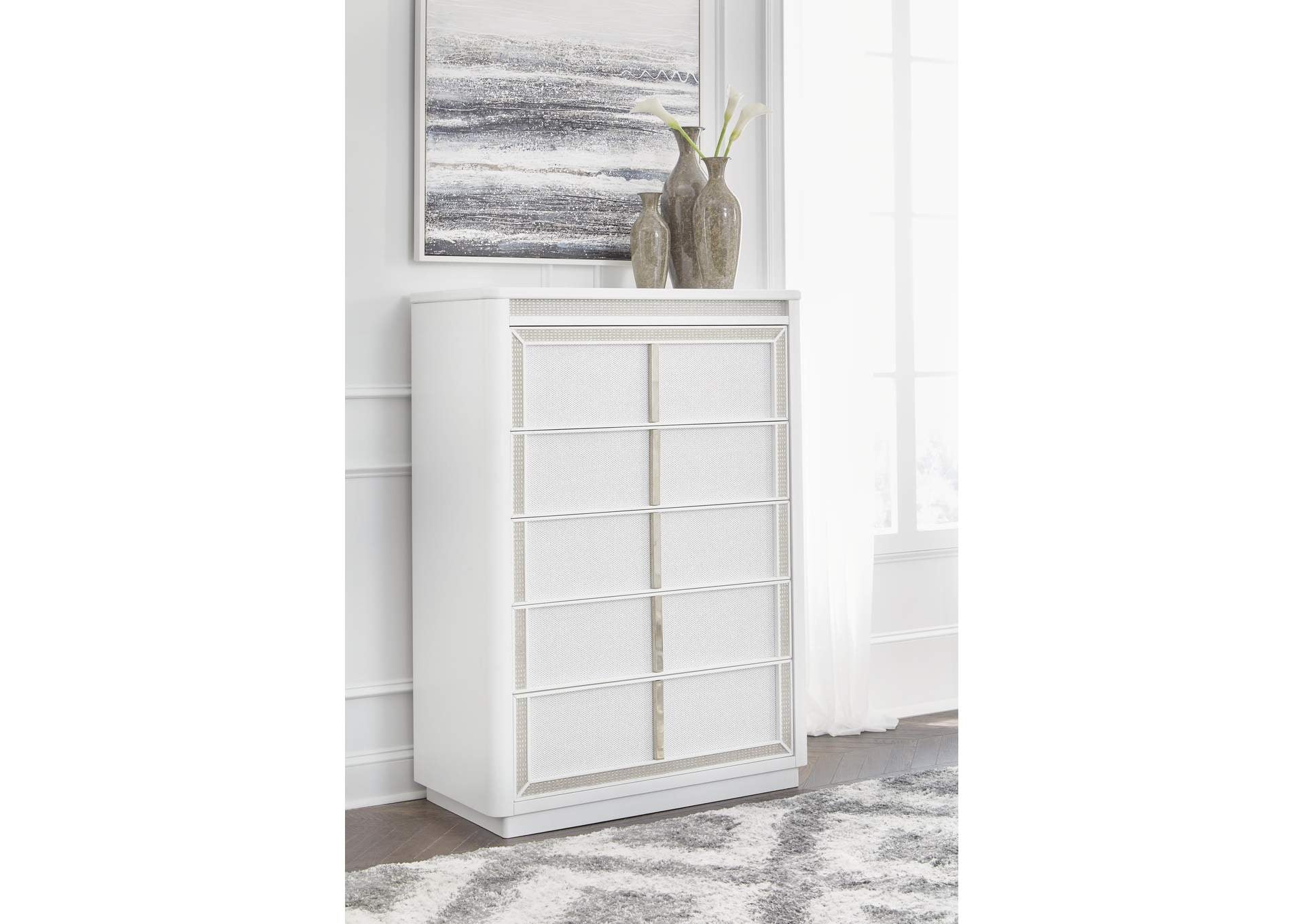 Chalanna California King Upholstered Storage Bed, Dresser, Mirror, Chest and 2 Nightstands