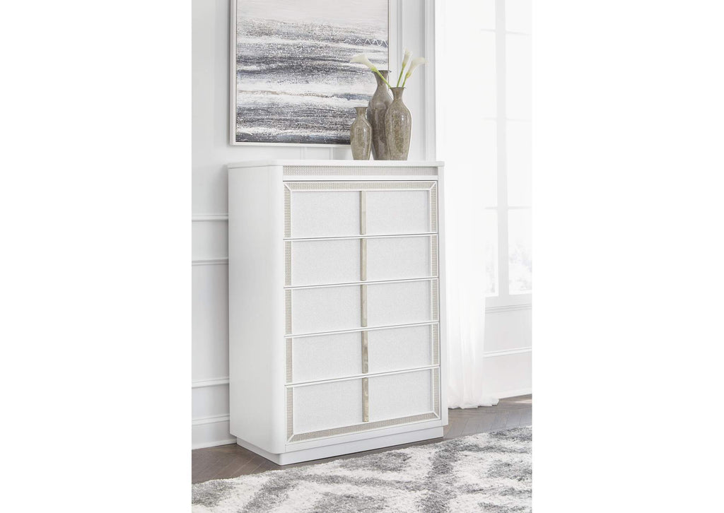 Chalanna California King Upholstered Storage Bed, Dresser, Mirror, Chest and Nightstand