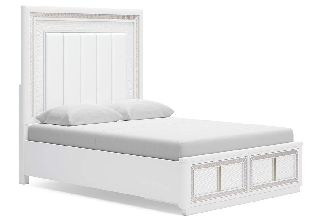 Chalanna Queen Upholstered Storage Bed, Dresser, Mirror and 2 Nightstands angled view