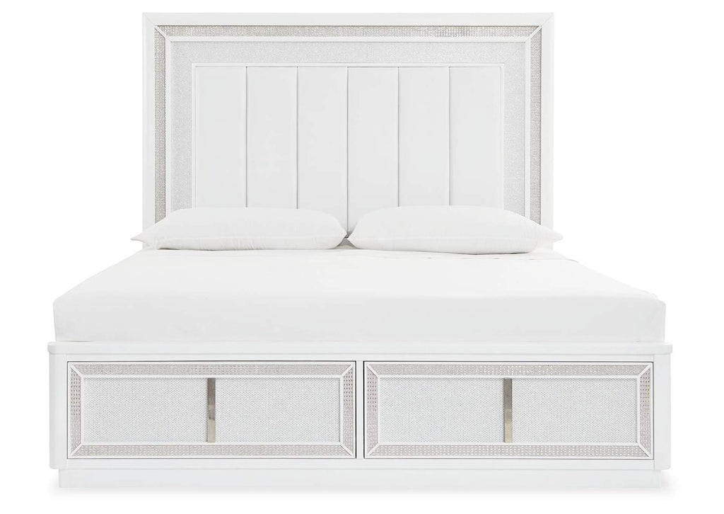 Chalanna King Upholstered Storage Bed, Dresser, Mirror and Chest