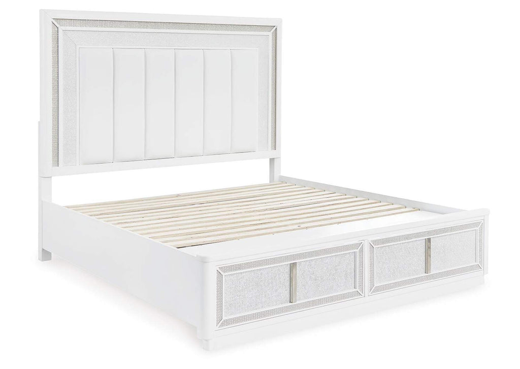 Chalanna King Upholstered Storage Bed, Dresser, Mirror, Chest and 2 Nightstands angled view