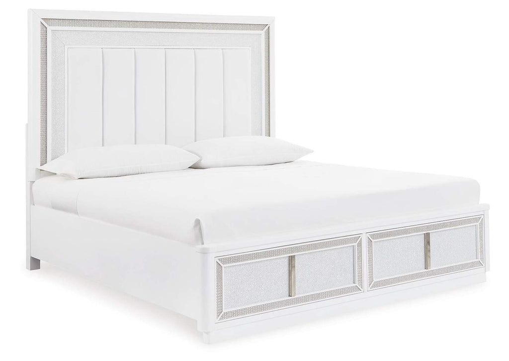 Chalanna King Upholstered Storage Bed, Dresser, Mirror, Chest and 2 Nightstands angled view