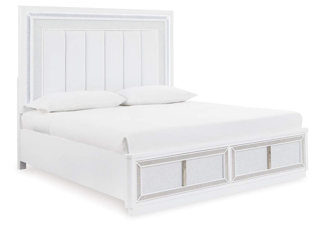 Chalanna King Upholstered Storage Bed, Dresser, Mirror, Chest and 2 Nightstands angled view