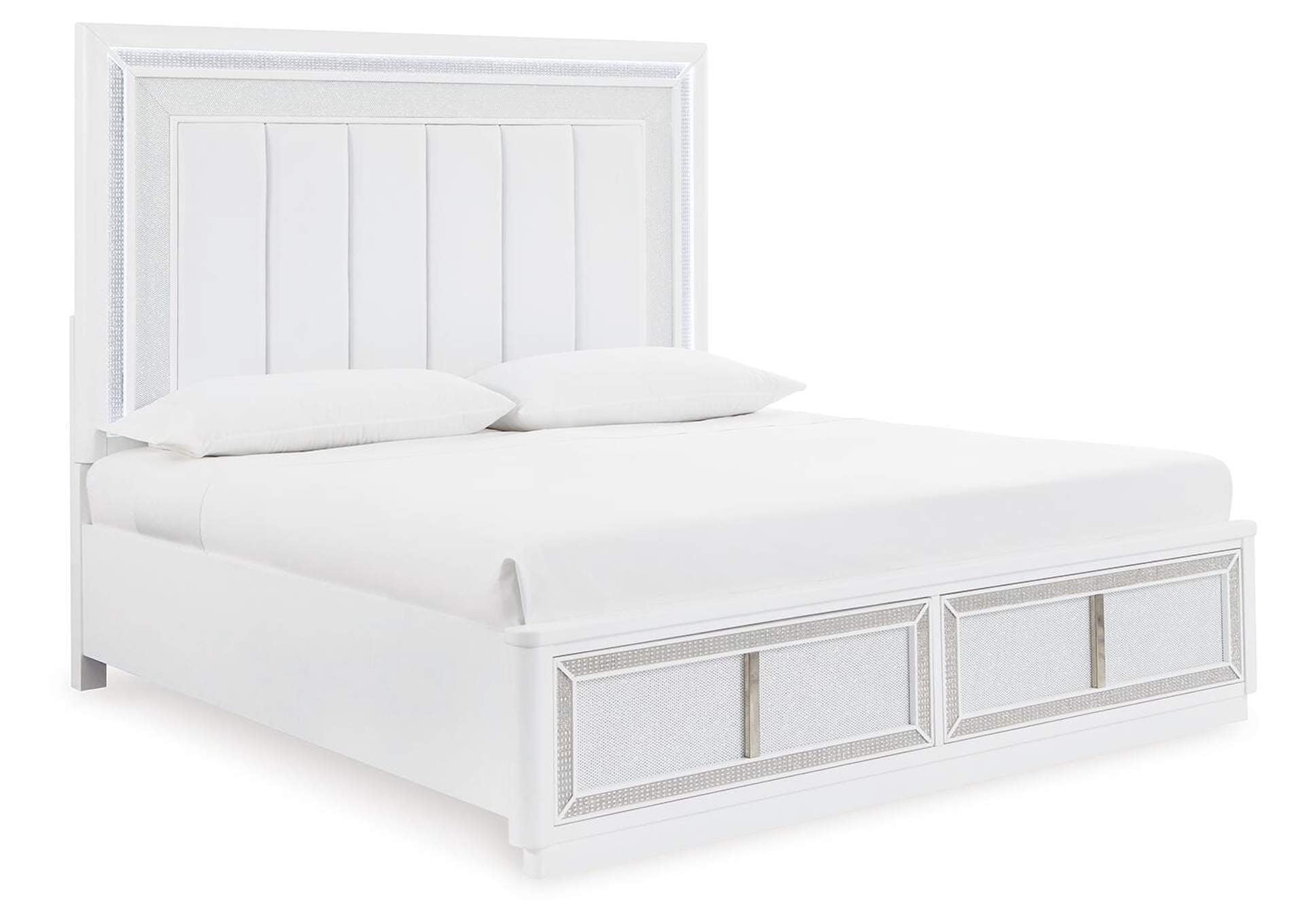 Chalanna King Upholstered Storage Bed, Dresser, Mirror, Chest and 2 Nightstands angled view