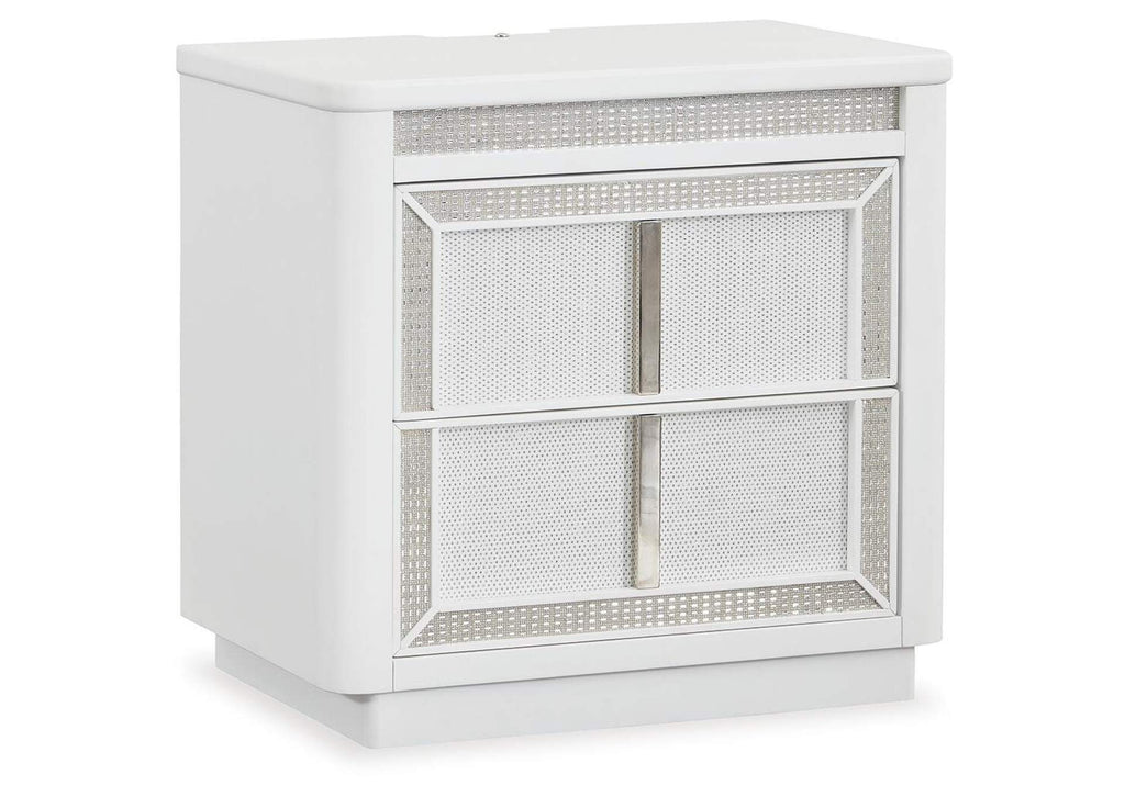 Chalanna Queen Upholstered Storage Bed and 2 Nightstands angled view