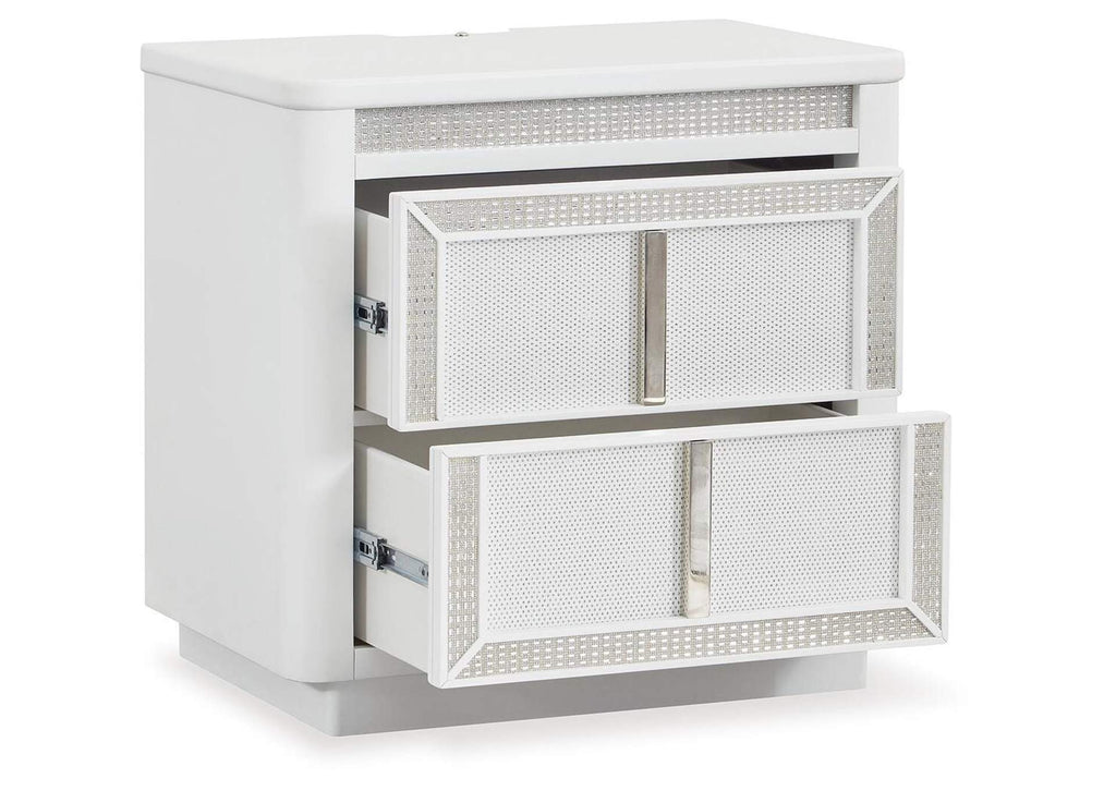 Chalanna California King Upholstered Storage Bed, Dresser, Mirror and 2 Nightstands angled view