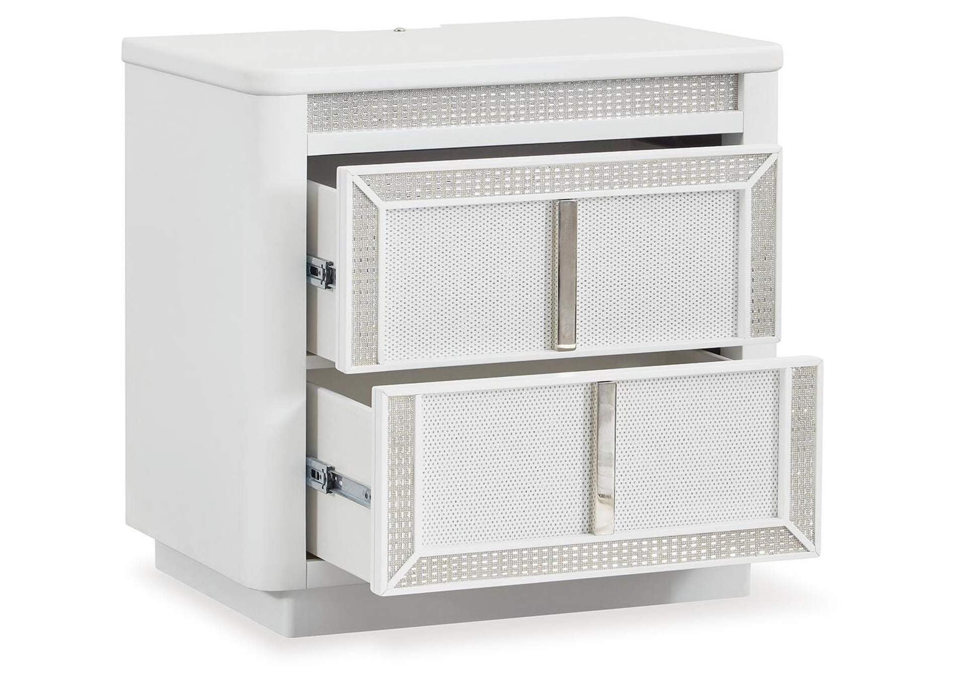 Chalanna California King Upholstered Storage Bed, Dresser, Mirror, Chest and 2 Nightstands angled view