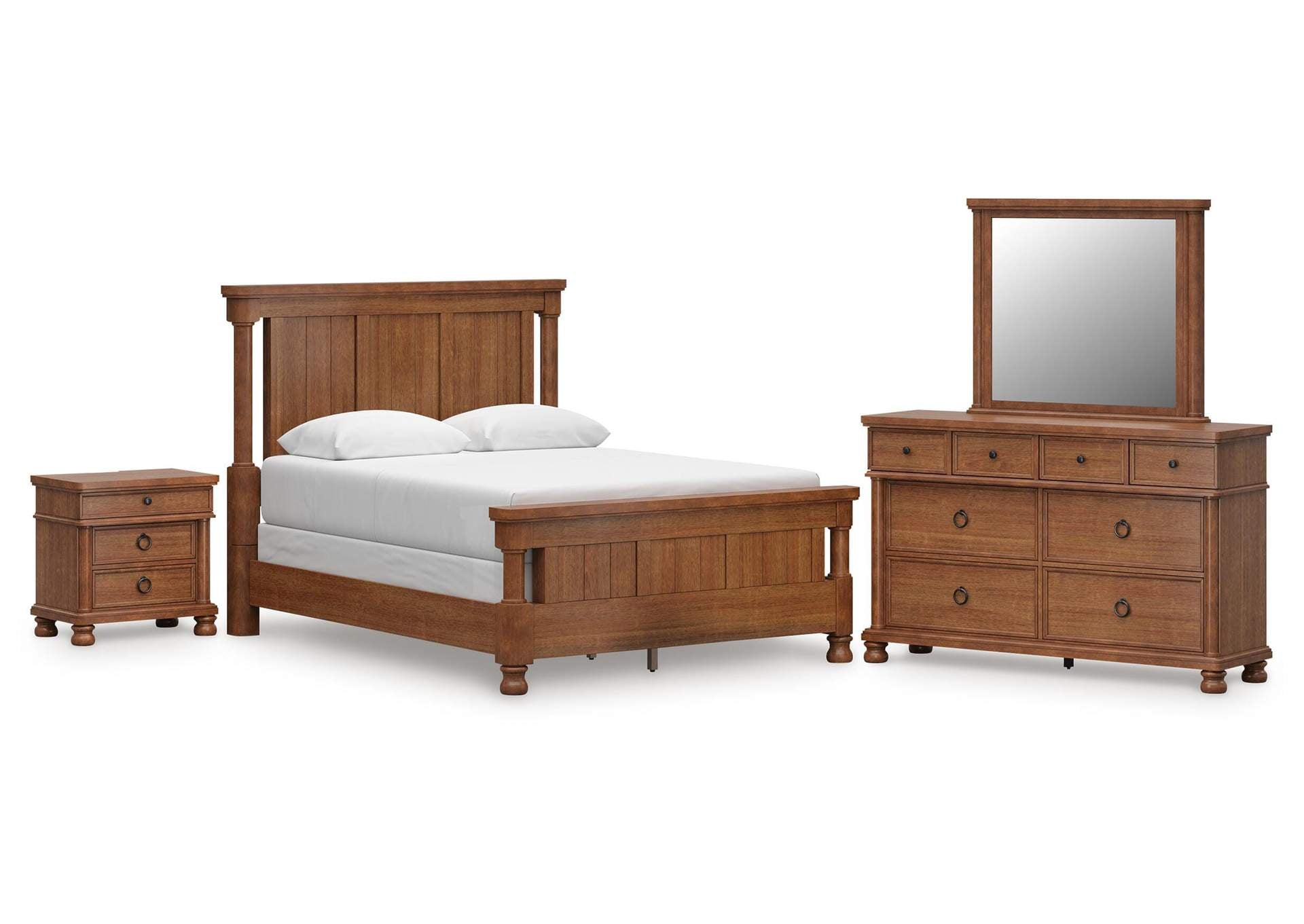 Chadworth Queen Poster Bed with Mirrored Dresser and Nightstand
