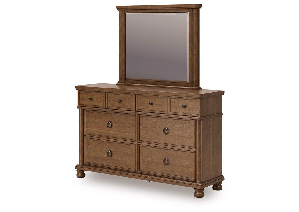 Chadworth California King Poster Bed with Mirrored Dresser and Nightstand angled view