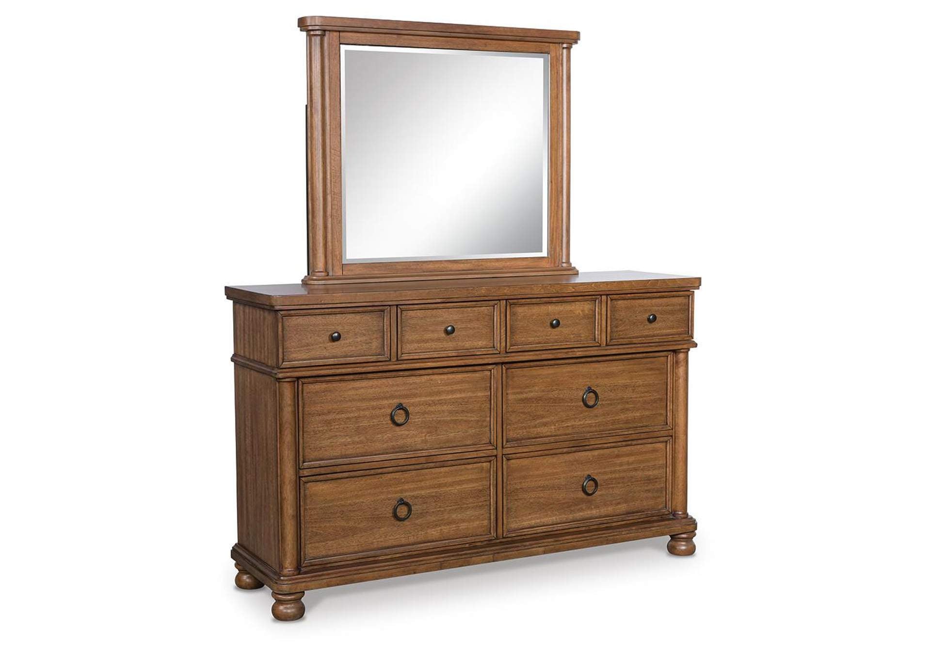 Chadworth California King Poster Bed with Mirrored Dresser and Nightstand angled view