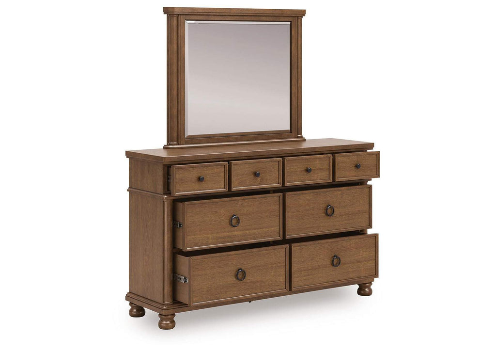 Chadworth Queen Poster Bed with Mirrored Dresser and Nightstand angled view