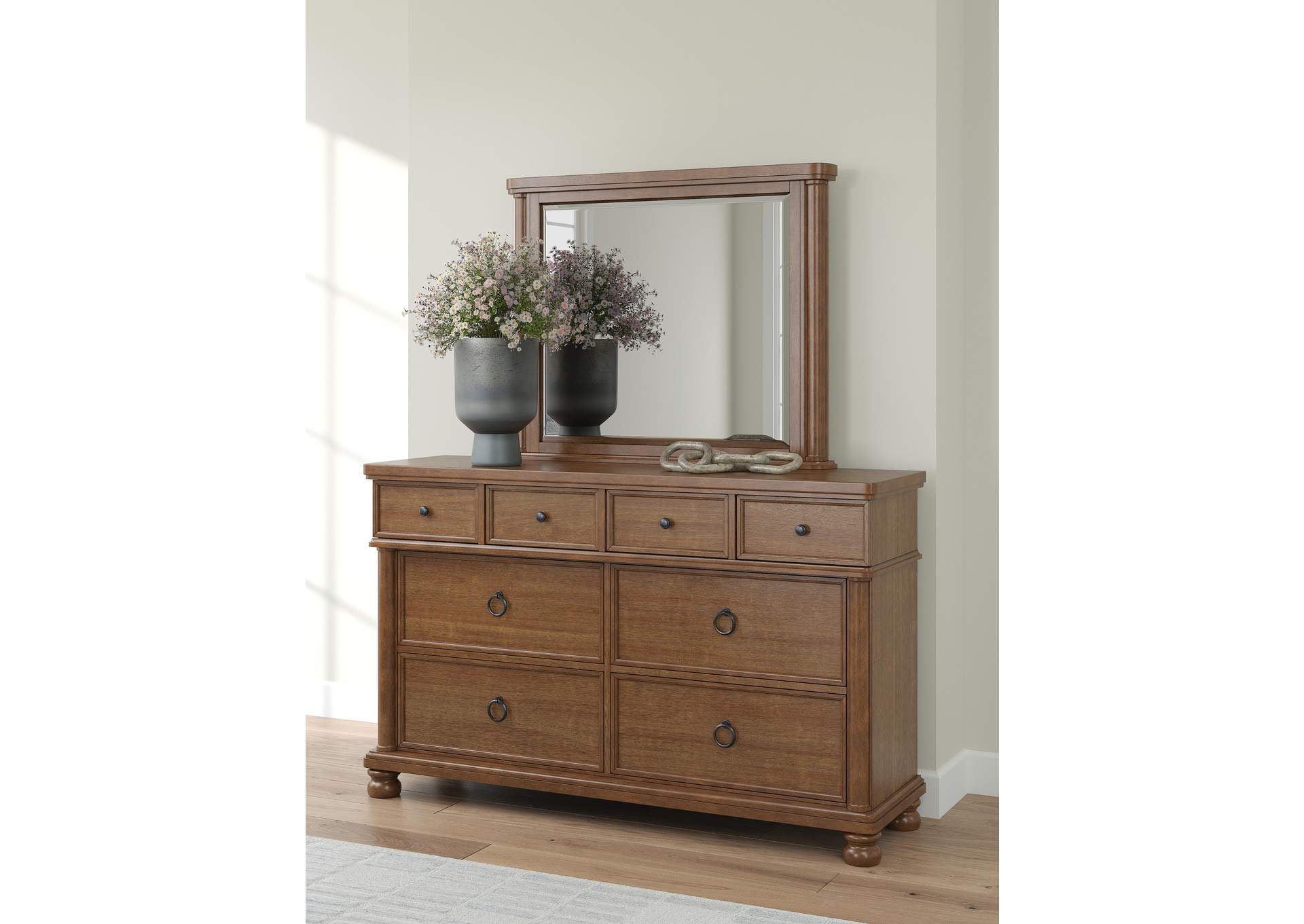 Chadworth King Poster Bed with Mirrored Dresser and Nightstand