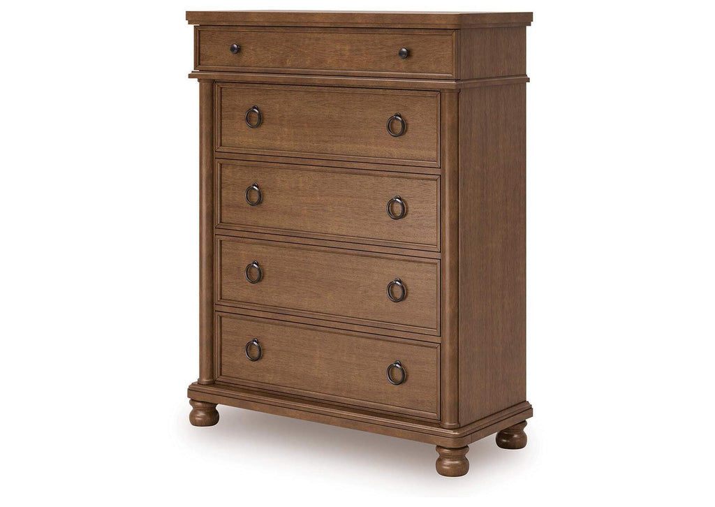 Chadworth Queen Poster Bed with Dresser and Chest angled view