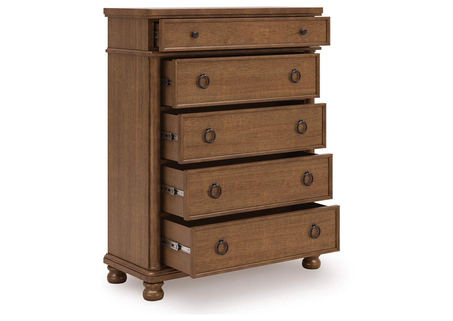 Chadworth Queen Poster Bed with Dresser and Chest angled view