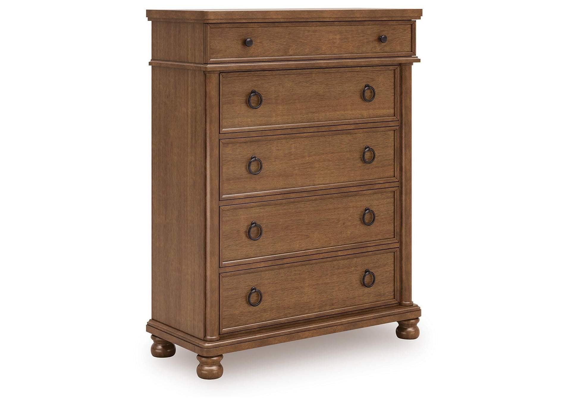 Chadworth Queen Poster Bed with Dresser and Chest angled view