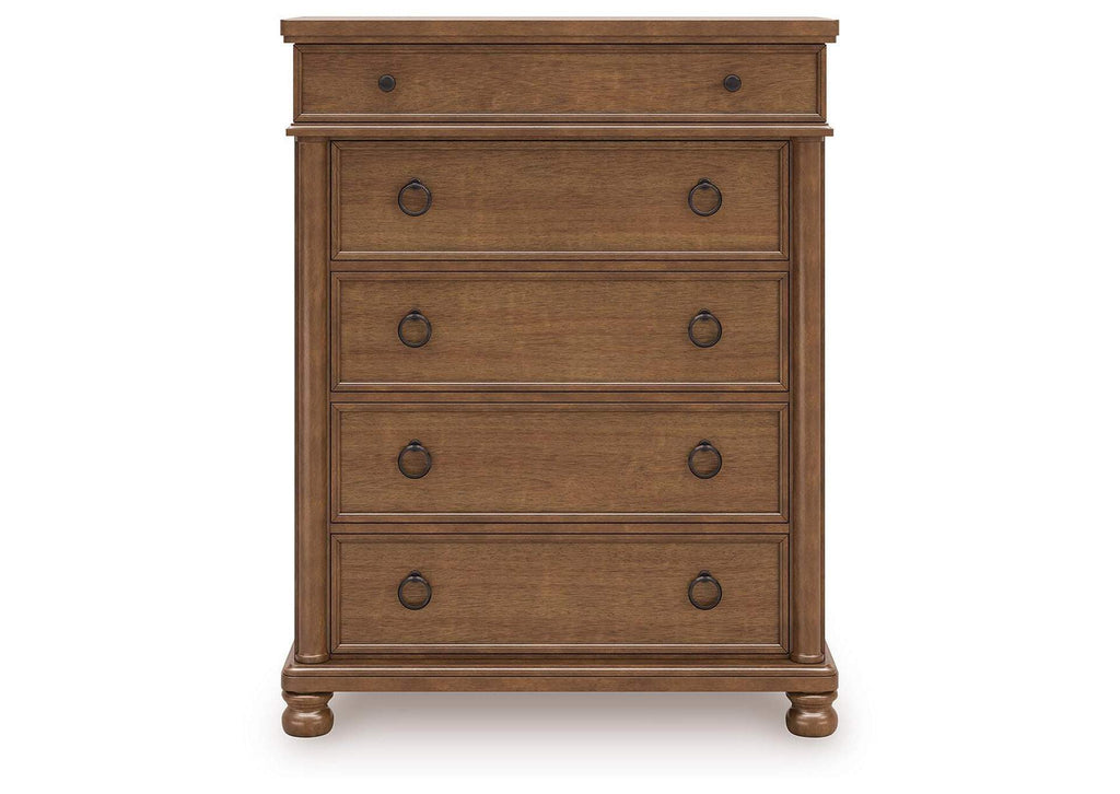 Chadworth California King Poster Bed with Dresser and Chest front view