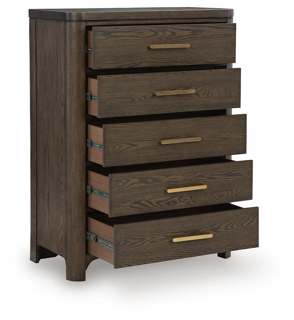Radkin Chest of Drawers in Burnished Brown, open view