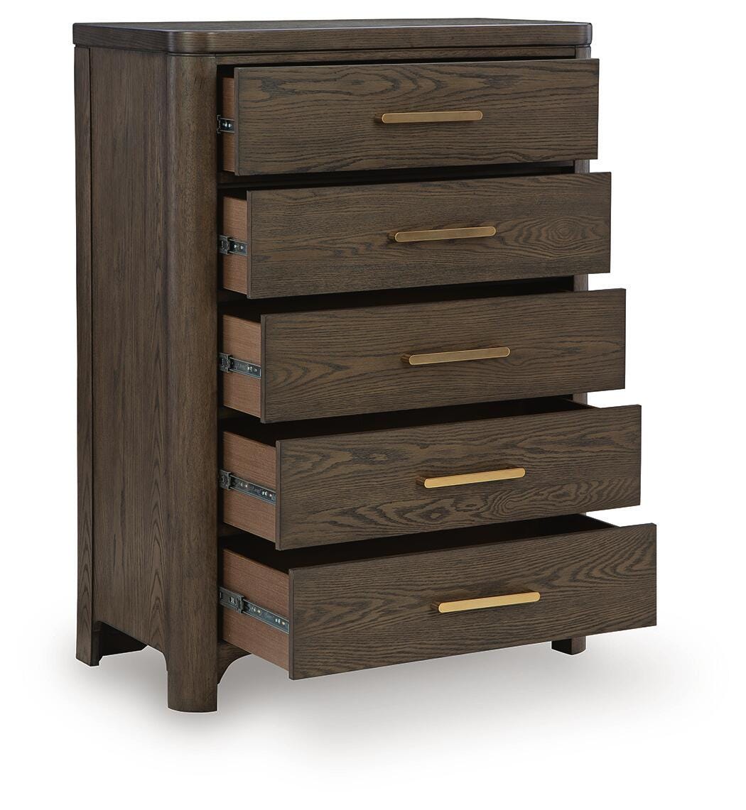 Radkin Chest of Drawers in Burnished Brown, open view