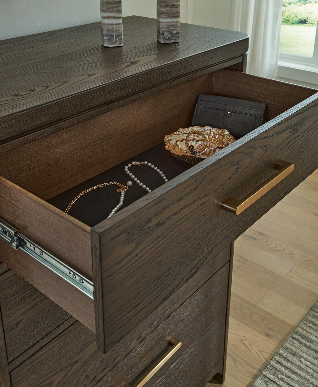 Radkin Chest of Drawers in Burnished Brown, detail view