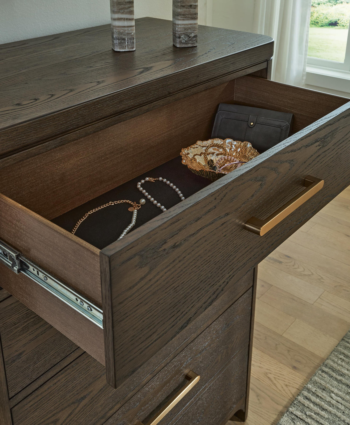 Radkin Chest of Drawers in Burnished Brown, detail view