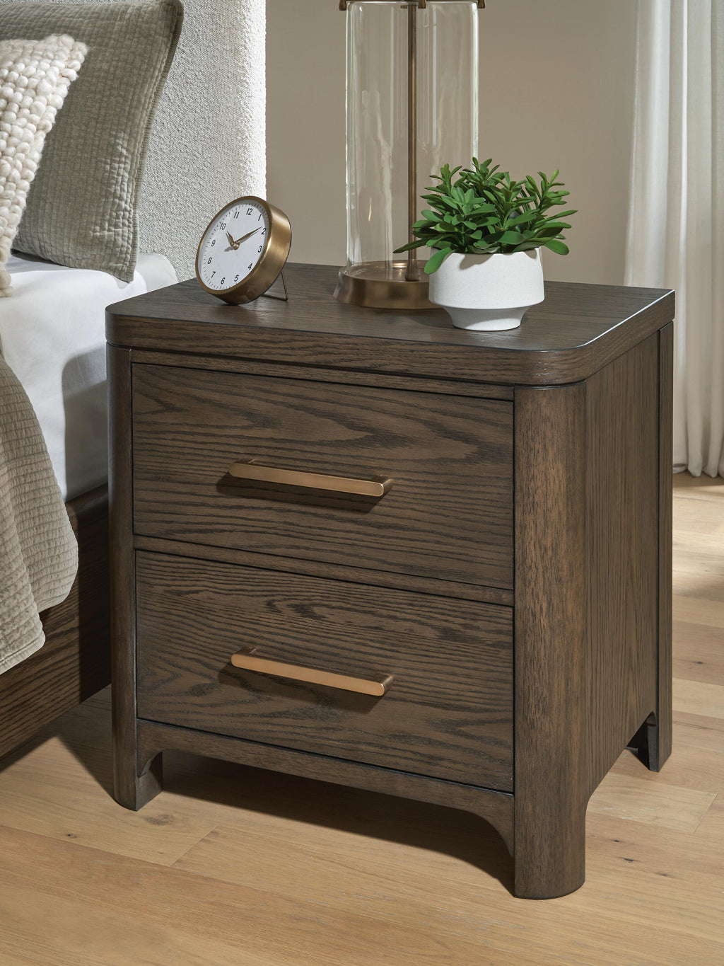 Radkin Nightstand in Burnished Brown, lifestyle view