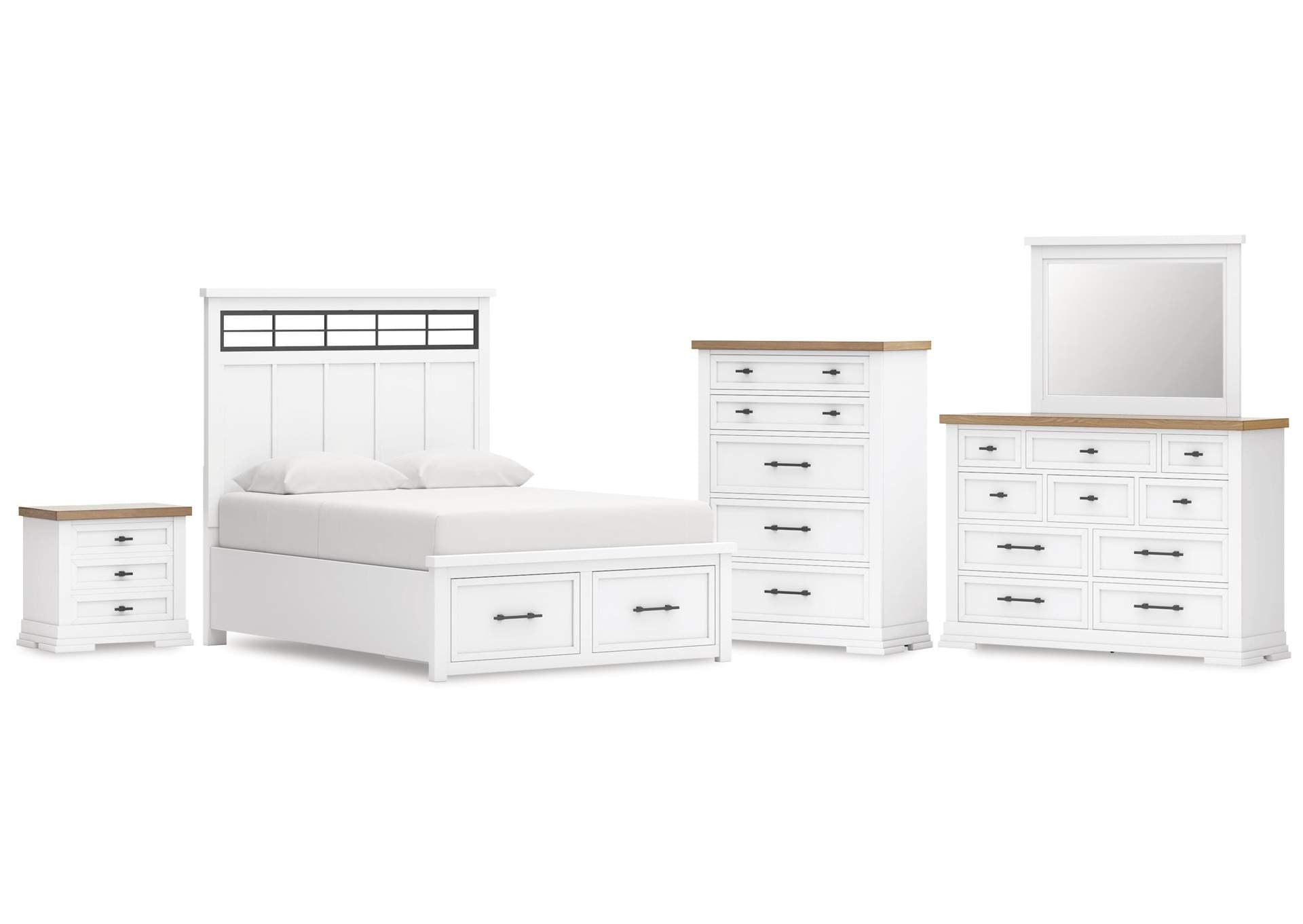 Ashbryn Queen Panel Storage Bed, Dresser, Mirror, Chest and Nightstand