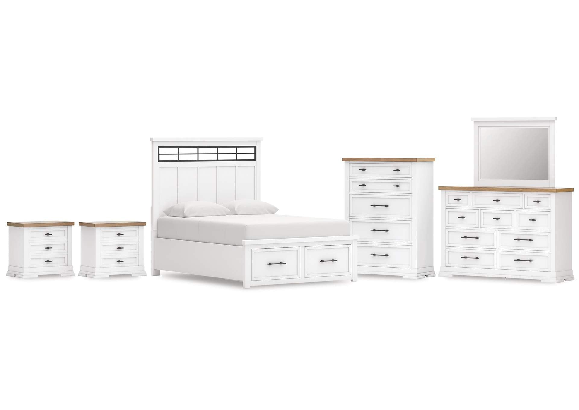 Ashbryn Queen Panel Storage Bed, Dresser, Mirror, Chest and 2 Nightstands