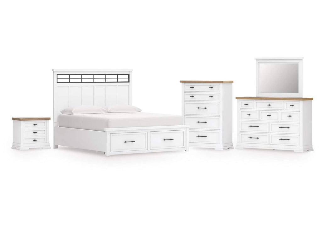 Ashbryn California King Panel Storage Bed, Dresser, Mirror, Chest and Nightstand