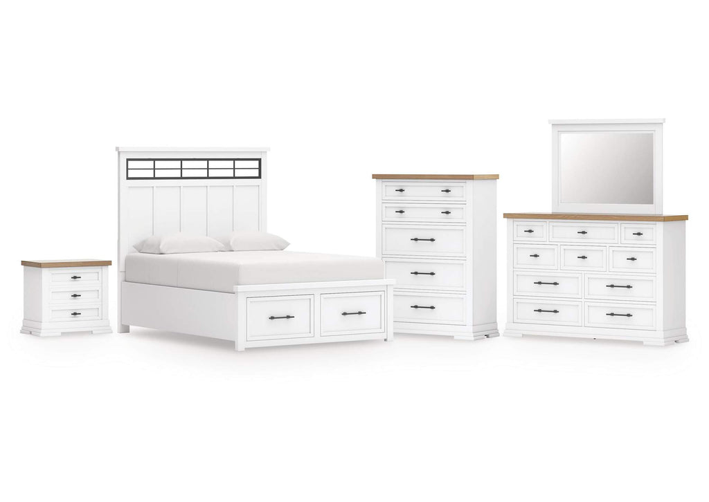 Ashbryn King Panel Storage Bed, Dresser, Mirror, Chest and Nightstand