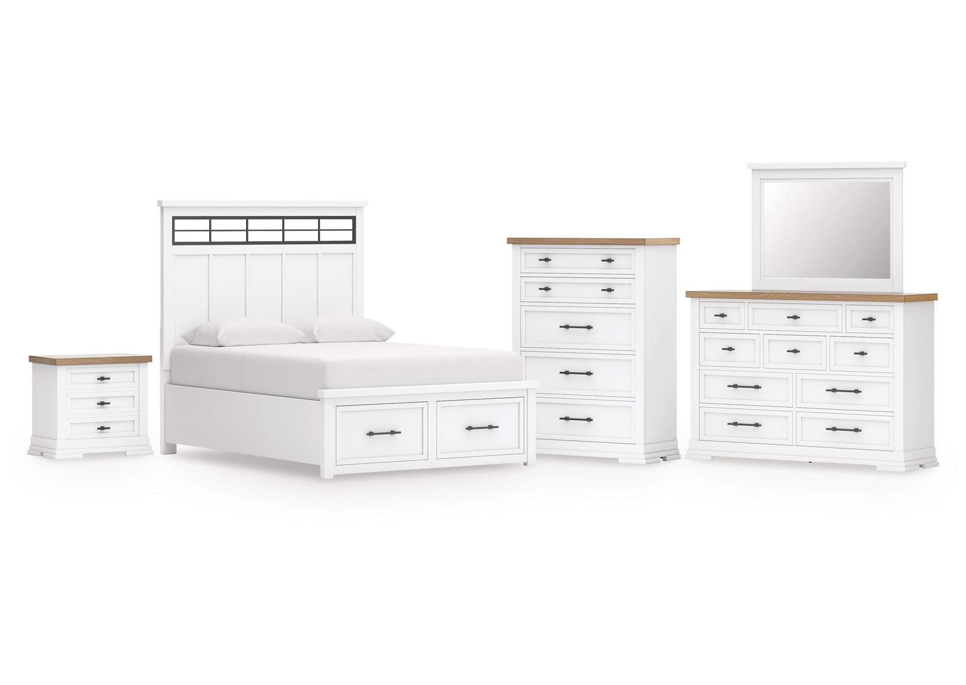 Ashbryn King Panel Storage Bed, Dresser, Mirror, Chest and Nightstand