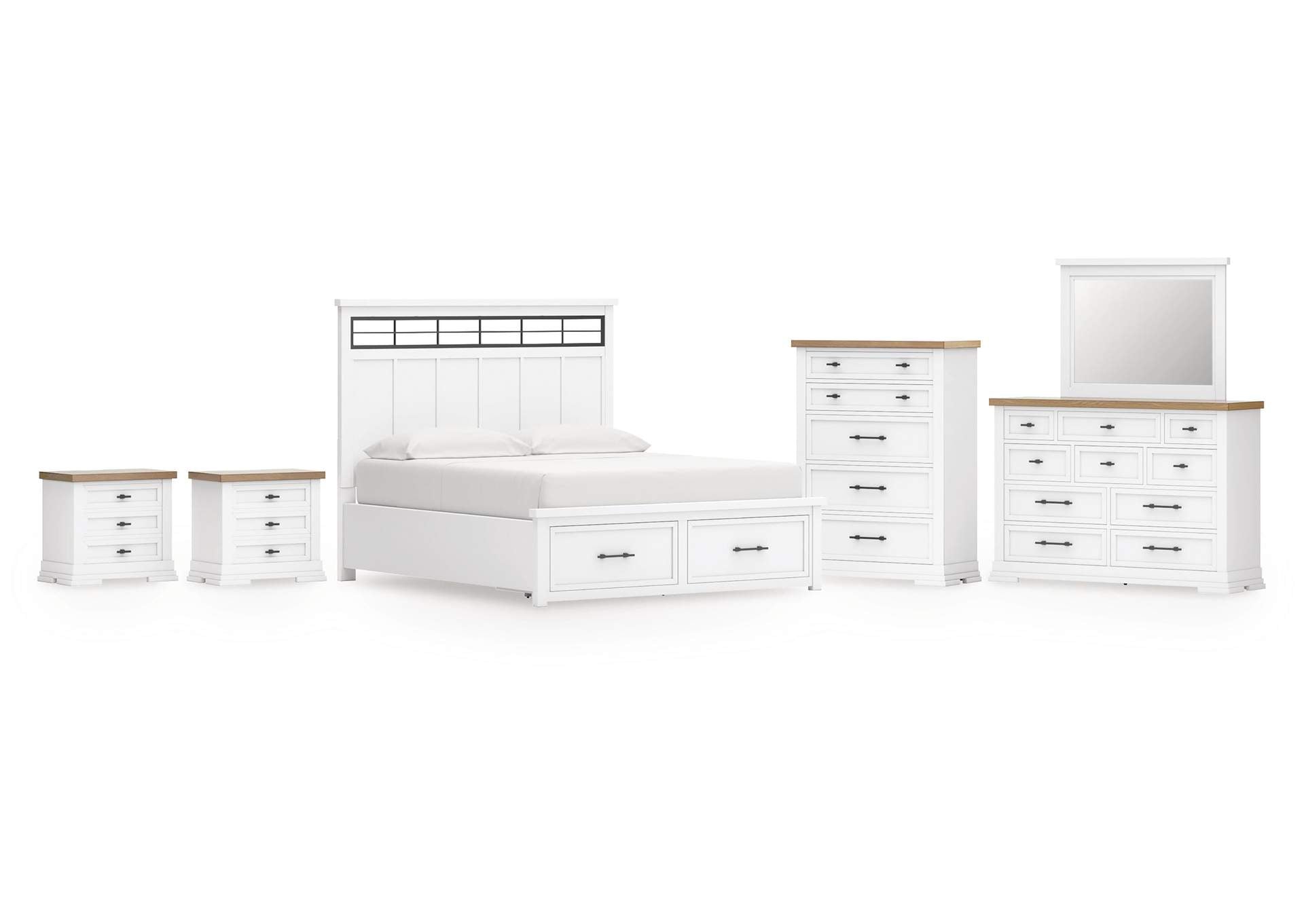 Ashbryn California King Panel Storage Bed, Dresser, Mirror, Chest and 2 Nightstands