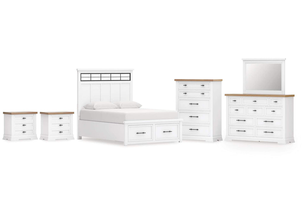 Ashbryn King Panel Storage Bed, Dresser, Mirror, Chest and 2 Nightstands