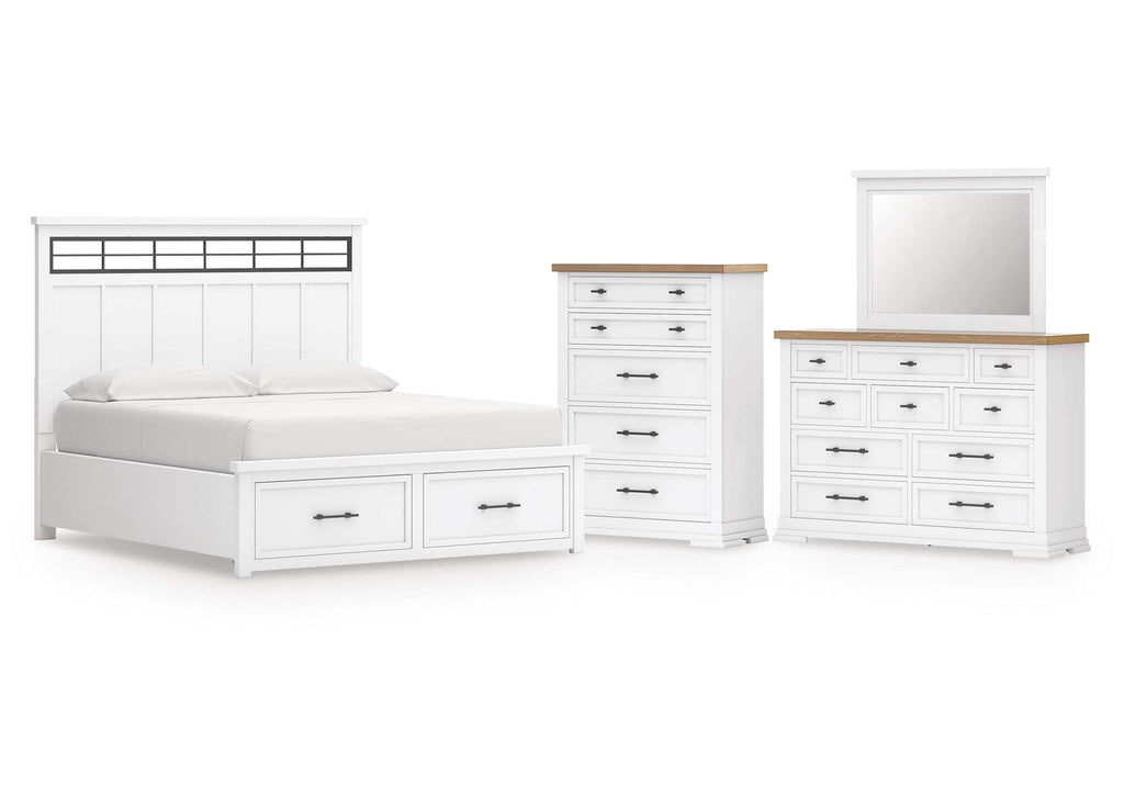 Ashbryn California King Panel Storage Bed, Dresser, Mirror and Chest