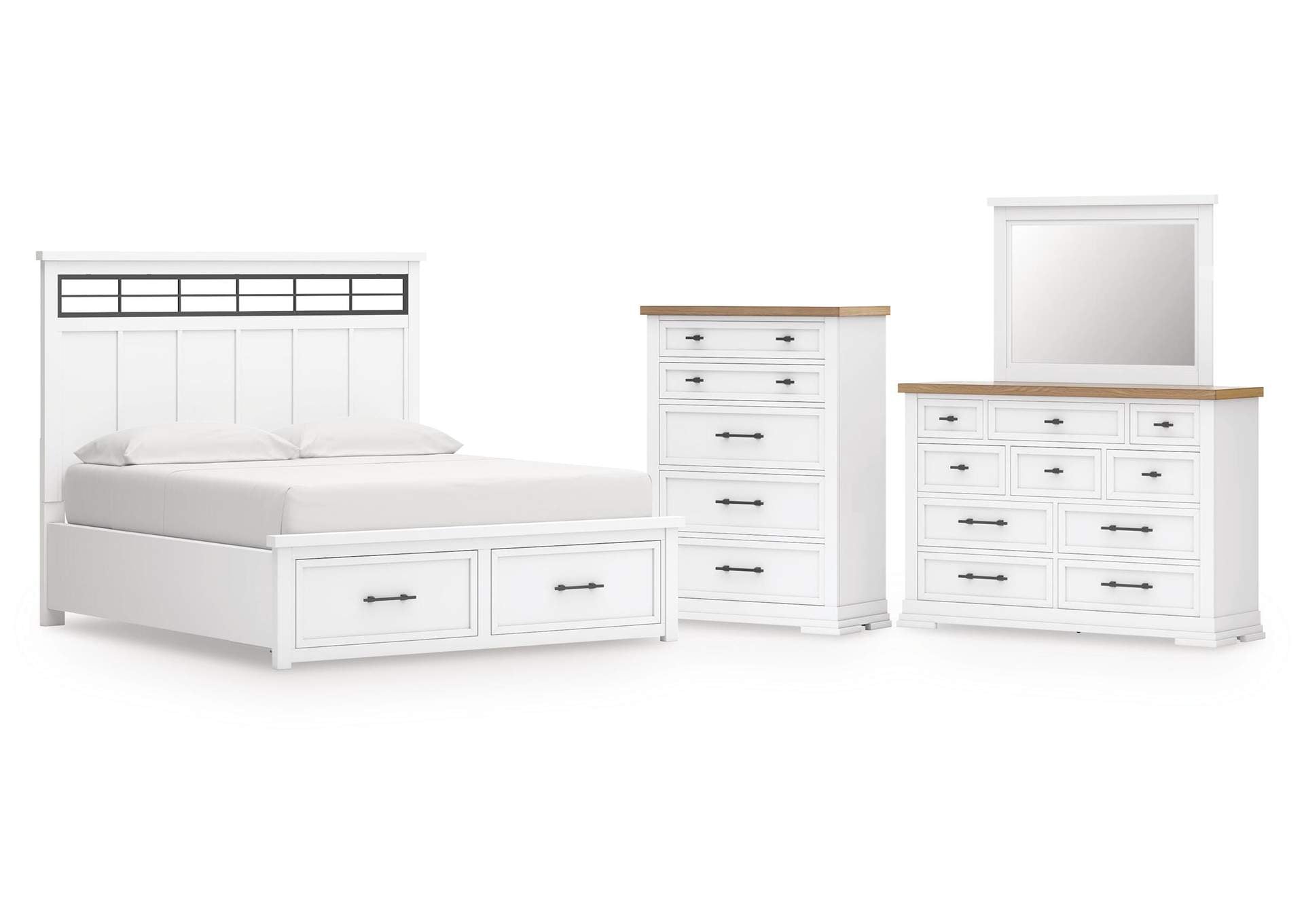 Ashbryn California King Panel Storage Bed, Dresser, Mirror and Chest