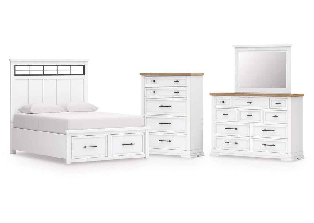 Ashbryn King Panel Storage Bed, Dresser, Mirror and Chest