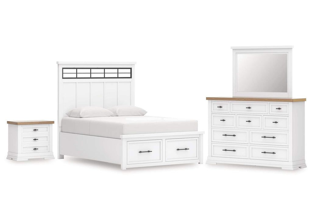Ashbryn Queen Panel Storage Bed, Dresser, Mirror and Nightstand